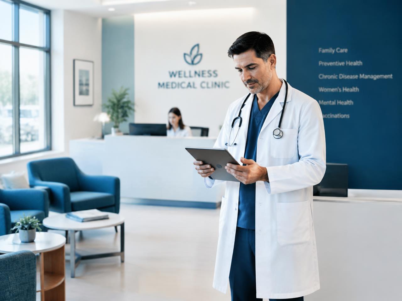 Physician reviewing information on a tablet in a clinic